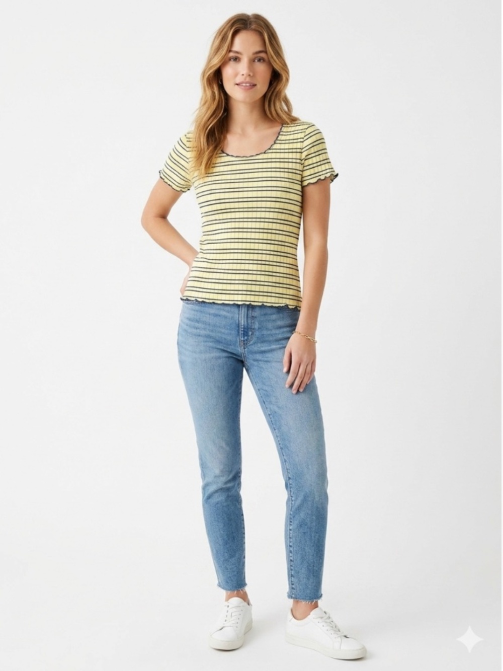 J. Crew Striped Ribbed Scoop Neck Tee with Lettuce Edge Trim Yellow/Blue Size M